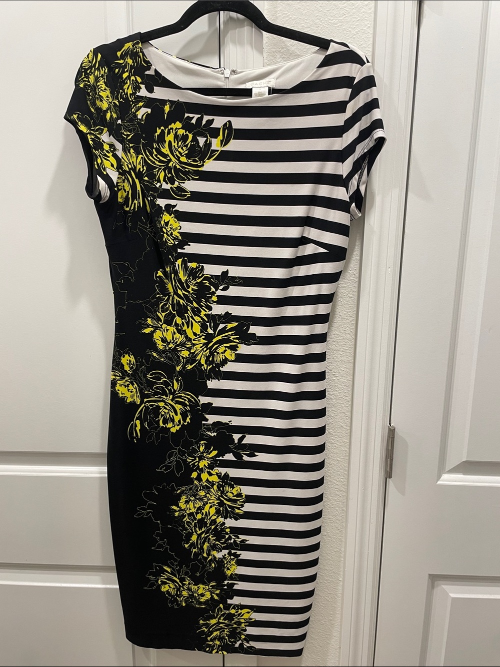 Cache Black, White & Yellow Striped Floral Midi Dress